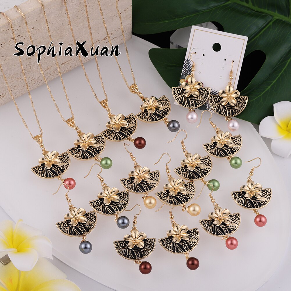 Sophiaxuan Hawaiian Polynesische Sieraden Sets Zwart Sector Plumeria Bloemen Parel Hangers Kettingen En Oorbellen Voor Vrouwen