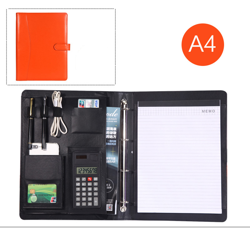 PU artificial leather folder ring binder a4 portfolio for documents padfolio briefcase with notebook cellphone holder 1210C: orange B style