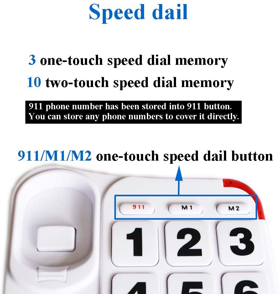 Big Button Corded Phone with 3 One-Touch Speed Dial, HePesTer P-45 Picture Care Phone for Seniors with Memory Protection