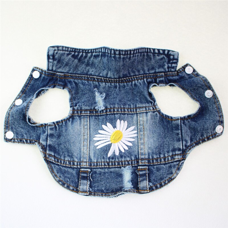 Chaqueta vaquera para perro y gato, chaleco con estampado bordado de flores, abrigo azul, ropa para cachorros, 6 tamaños