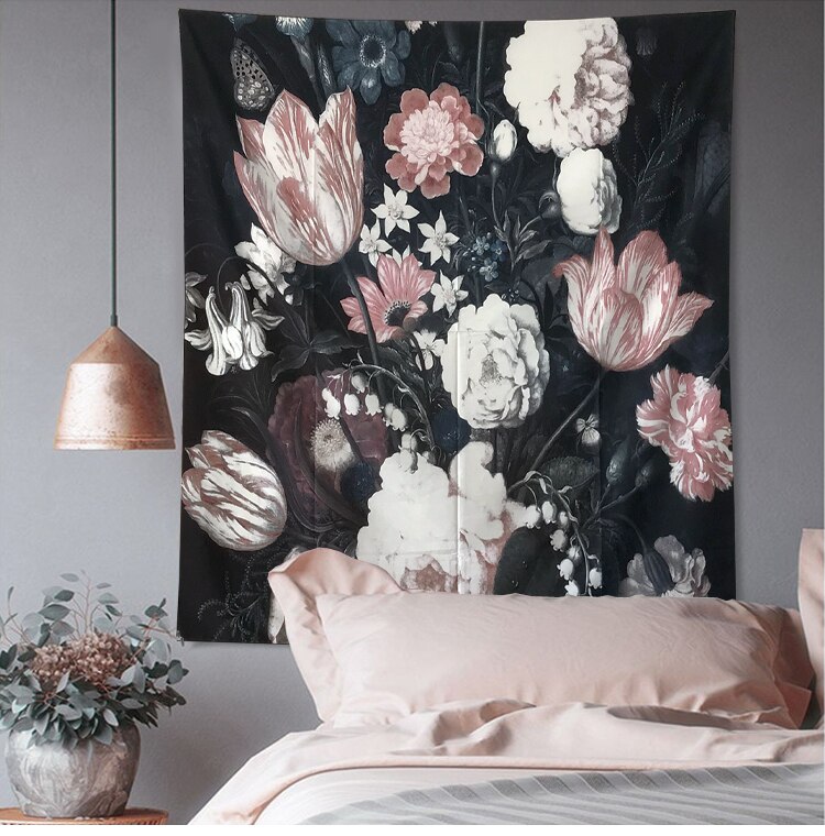 Black Blossoms Beautiful Flower Wall Hanging Floral Tapestry Fabric Wallpaper Home Decor 130x150cm