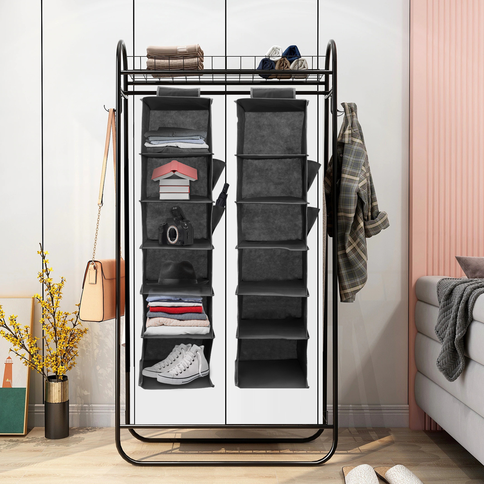 Organizador de almacenamiento de armario colgante, tela no tejida, plegable, 6 estantes, almacenamiento de ropa con bolsillos laterales e inserciones de bambú, 2 uds.