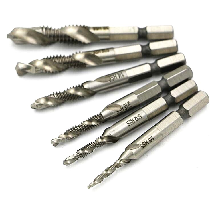 6pcs/set HSS4341 Machine Screw Right Hand Thread Plug Tap Screw Taps Set Kit Screw Twist Drill Bit Set Hex Shank 6.35mm Tap Dril