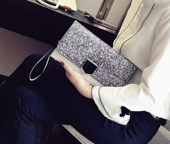 dames paillettes paillettes étincelle Bling jour pochette sac à main soirée partie PU cuir enveloppe sac à main directe: gray