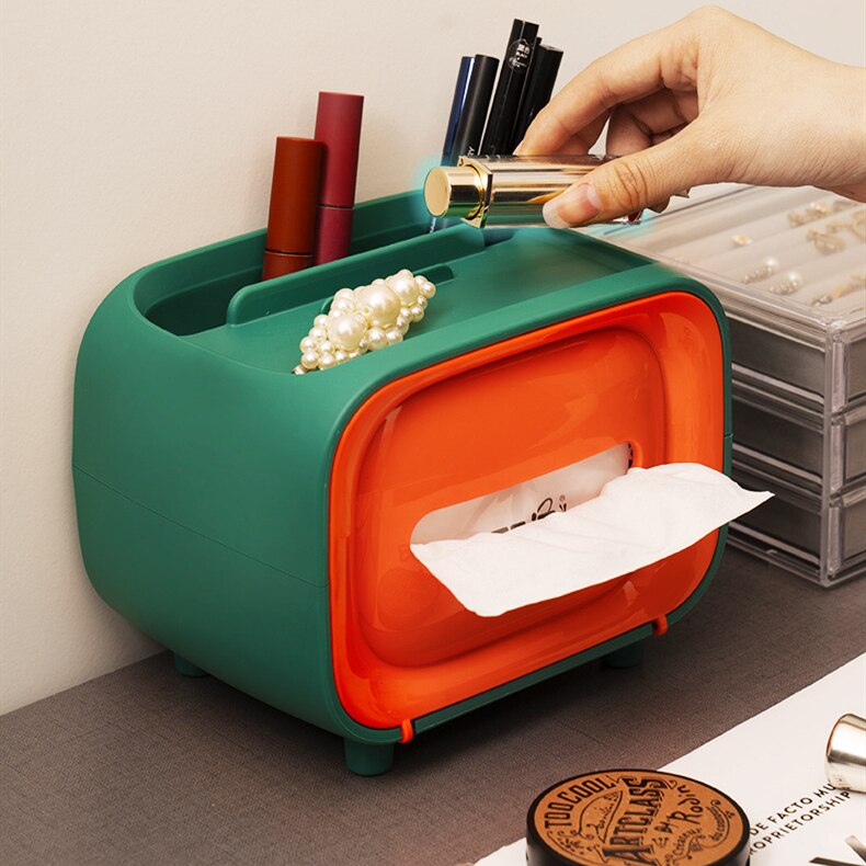 Retro TV Shape Tissue Box Multifunctional Tissue Box Creativity Tissue Container Paper Towel Desktop Remote Control Storage Box