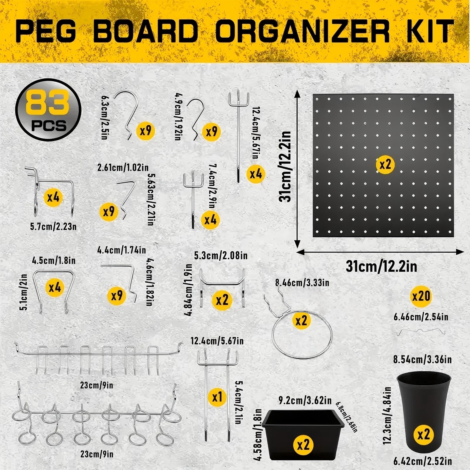 83-delige metalen pegboard-organizerset met haken en 12x12 inch panelen voor garagewerkbank schuuropslag