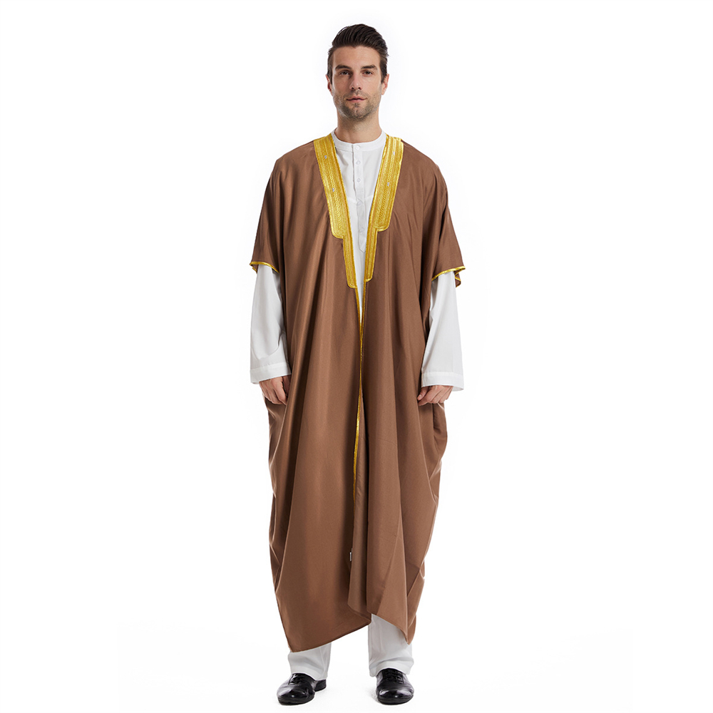 Mannen Open Abaya Moslim Saudi Jubba Thobe Islamitische Kleding Ramadan Kimono Lange Mouw Gewaad Caftan Dubai Stand Kraag Arabische Jurk: M / Goud