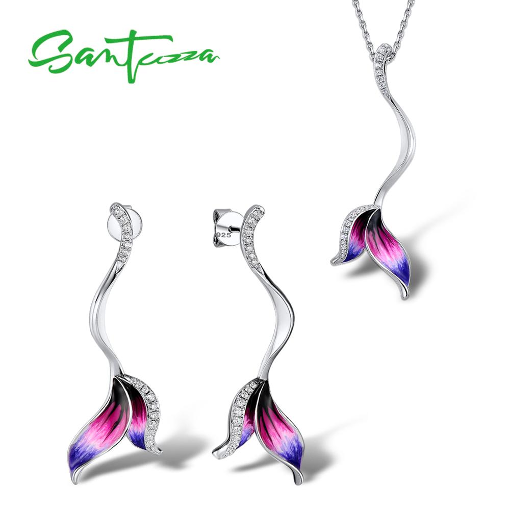 SANTUZZA Jewelry Set For Women 925 Sterling Silver Delicate Purple Leaves Earrings Necklace Jewelry Handmade Enamel