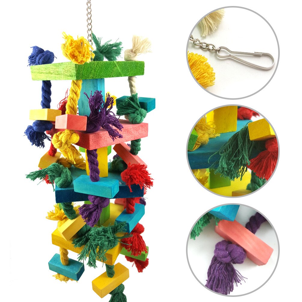 Juguetes para pájaros de colores grandes, cuerda de algodón, bloque de madera, tornos, loros, gorros, juguetes de cuatro capas, budgie accesirios para aves