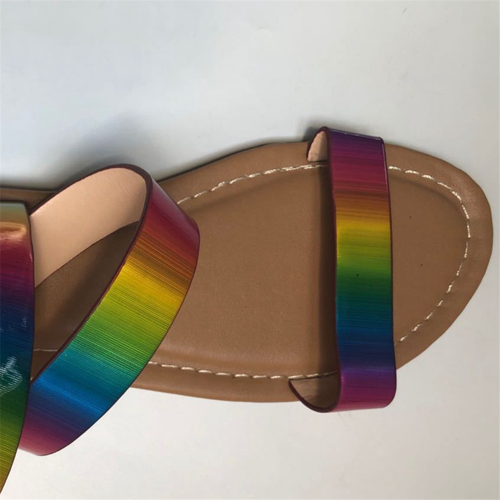 Sorphio Casual Lage Hak Strand Schoenen Vrouw Claissc Platte Hak Sandalen Vrouwen Ins Rainbow Metallic Sandalen