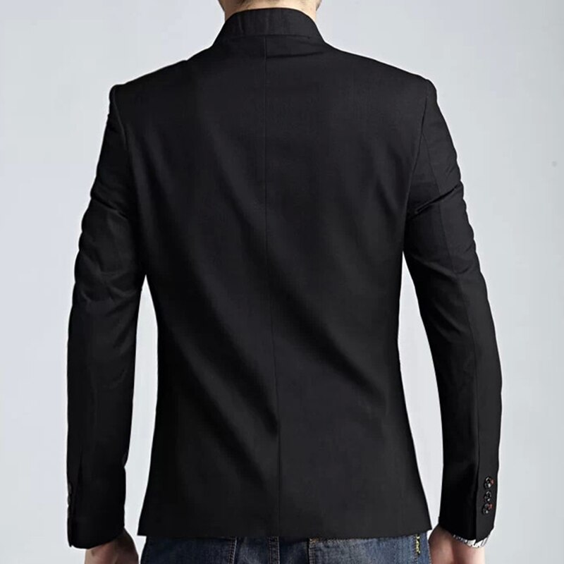 Chaqueta tipo túnica negra para hombre, traje de estilo chino con cuello levantado, chaqueta de uniforme universitario con botonadura única, prendas de vestir exteriores, color rojo mandarín