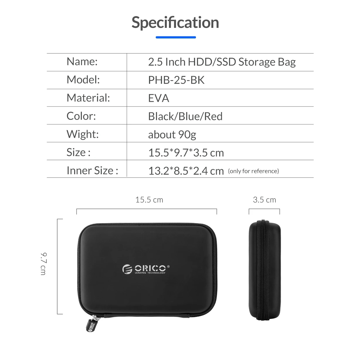 ORICO PHB Custodia da trasporto per disco rigido portatile da 2,5 pollici Borsa di archiviazione HDD per lettore di schede per cavo USB HDD SSD