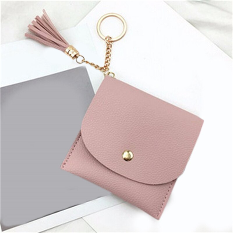 Wallets Women Coin Purse Ladies Pu Leather Tassel & Metal Ring Clutch Keychain Thin Key Bag Card Holders Mini Pouch: Light pink