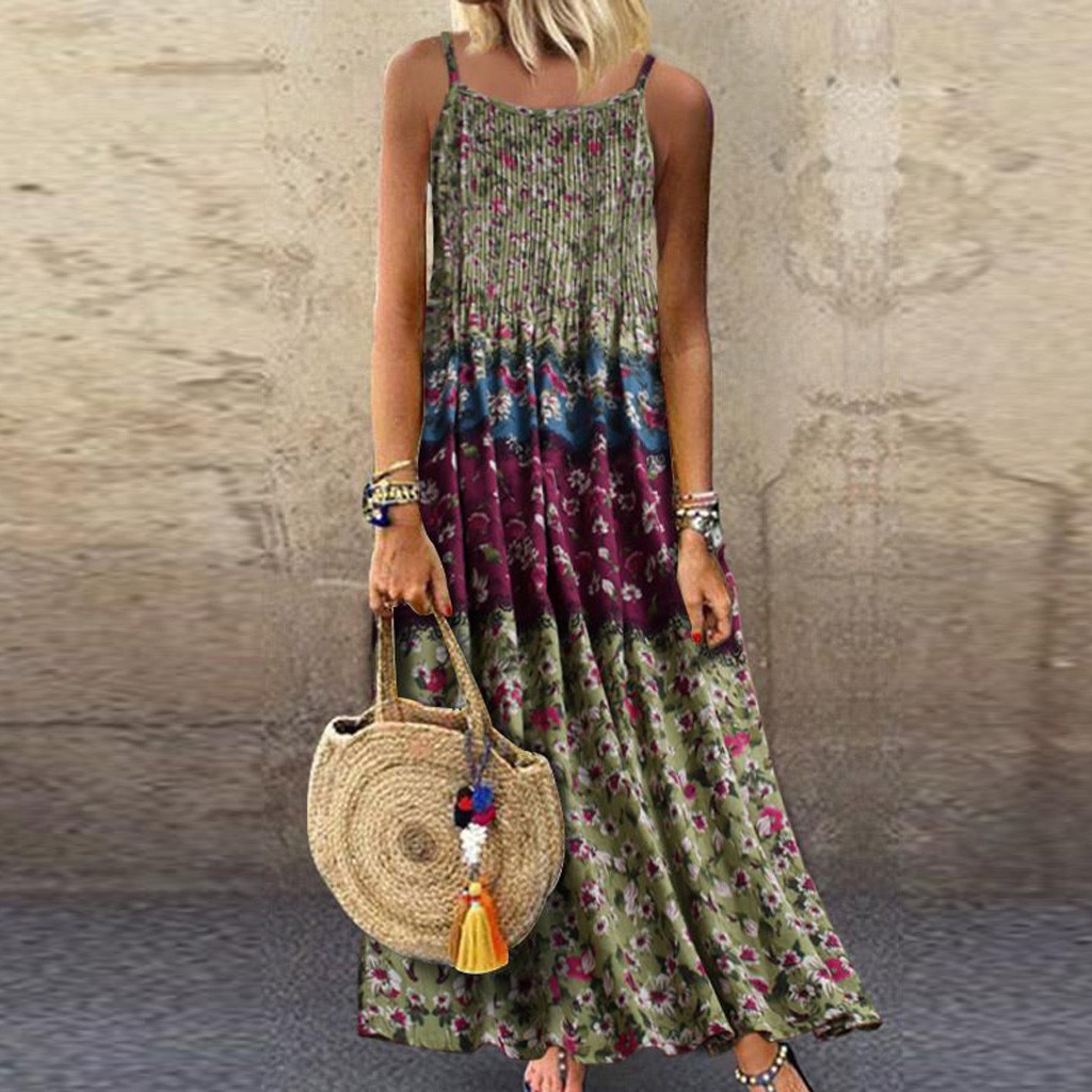 Vestido feminino moda feminina vintage boêmio impressão floral sem mangas o-pescoço correias maxi praia vestidos lagre tamanho solto vestido 39