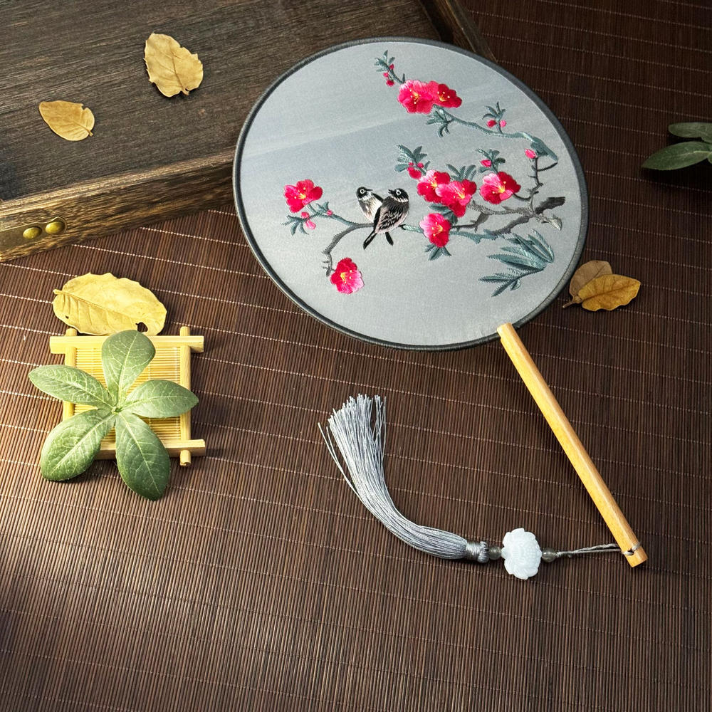 Red Flower Silk Fan Double Sided Embroidery Round Fan Chinese Palace Hanfu Hand Fan Craft Wedding For Guests Home Decor: khaki