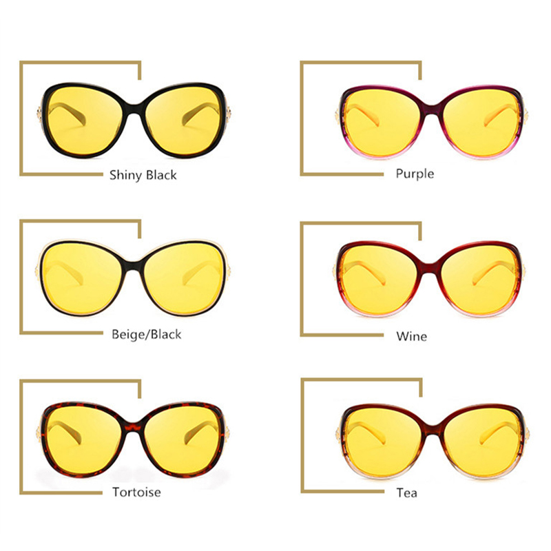 Women Polarized Night Vision Driving Glasses , Black Oval Oversize Sunglasses With Diamonds Goggles Driver Yellow UV400 N8842