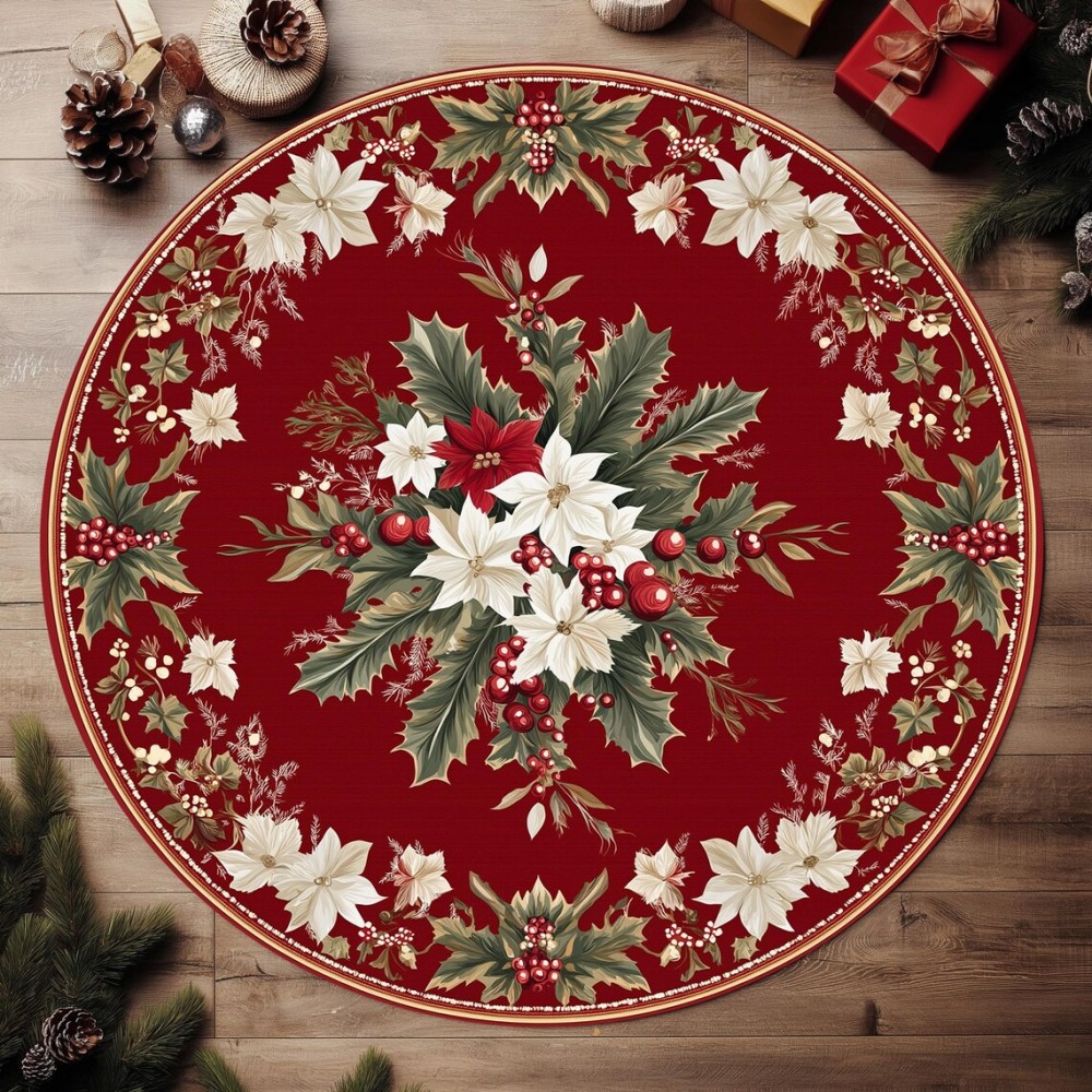Kerst poinsettia bloemen vloerkleed antislip wasbaar rond tapijt voor slaapkamer woonkamer rond vloerkleed decoratie vloermat: 1 m2 / Wit