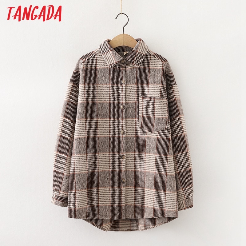 Tangada naisten ylisuuri ruudullinen poikaystävä tyyli paksu paitapusero pitkähihainen tyylikäs naisten vapaat topit bao 27
