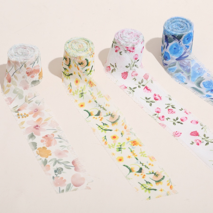 1 Roll 5m*4cm Frayed Edged Satin Handmade Printed flowers Chiffon Silk Ribbon For Wedding Bouquets Birthday Party DIY Decoration