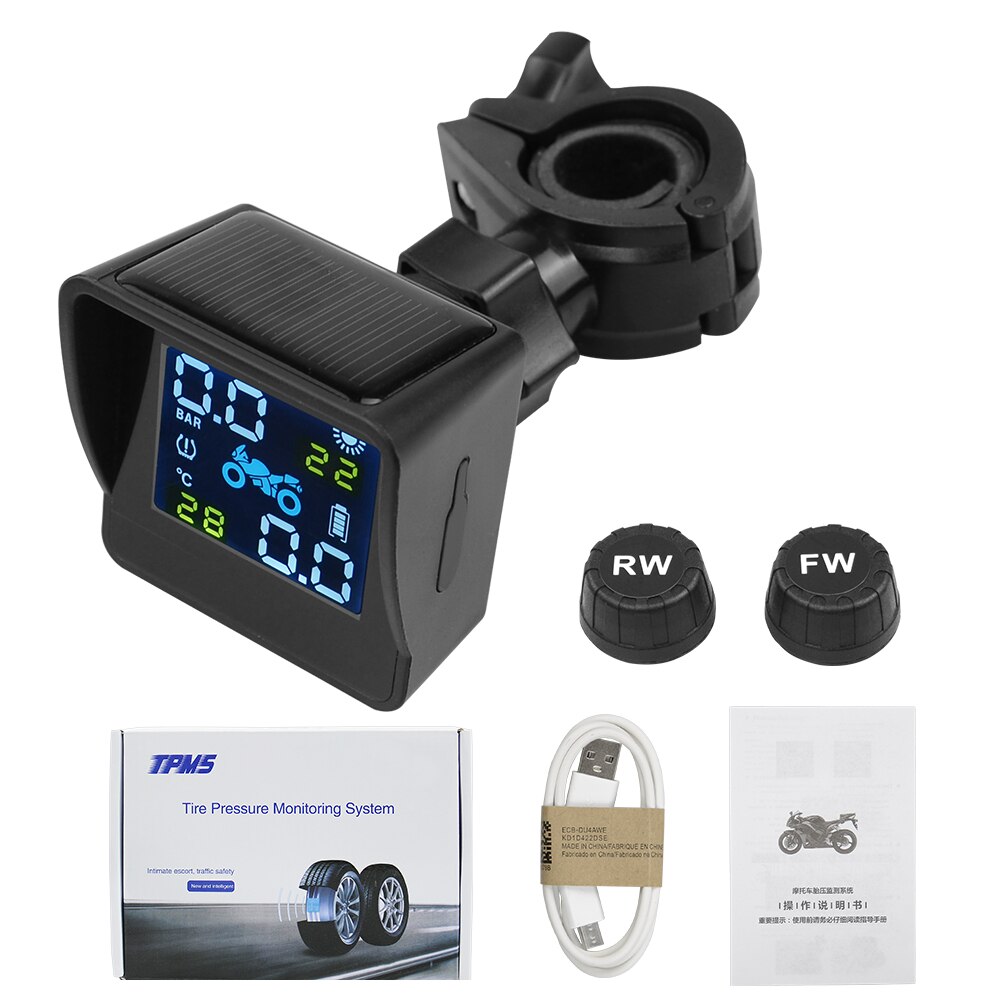 Usb solopladning motorcykel tpms motor dæktryk dæktemperaturovervågning alarmsystem med 2 eksterne sensorer