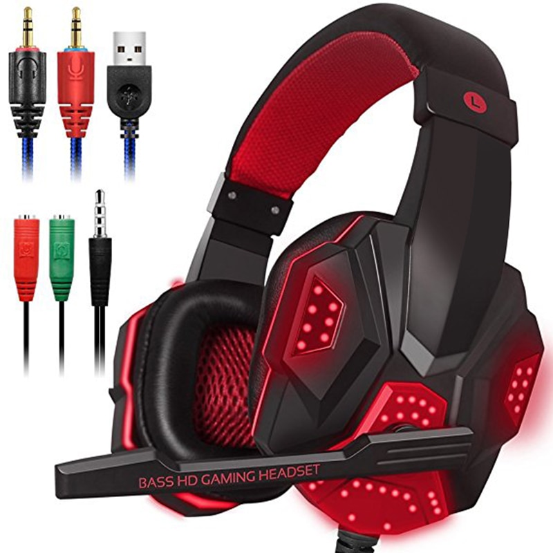 Gaming Headset with Mic and LED Light for Laptop Computer 3.5mm Wired Noise Isolation Volume Control Gaming Headphone