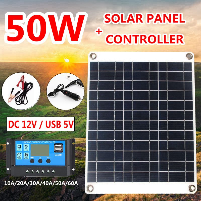 50W Solar Panel Kit DC 12V Dual USB 5V Portable Solar Charger Waterproof Panel Solar Cells Phone Power Bank + 10A-60A Controller