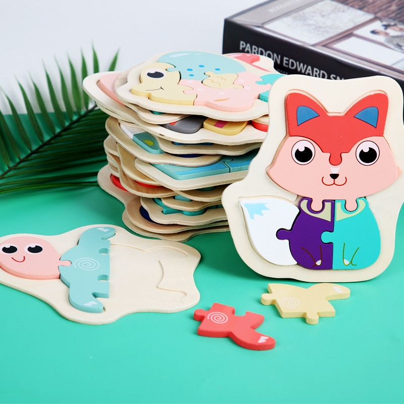 Children Puzzles Wooden Macaron Colorful Animal Jigsaw Puzzle Toys for Toddler Puzzle Early Educational Boys Girls 2-4