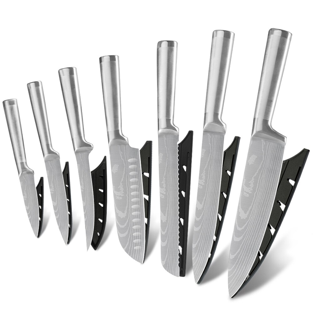 Xyj köksknivar set 7 cr 17 knivar i rostfritt stål fruktverktyg santoku kock skiva bröd matlagningskniv knivöverdrag: H .7 st set