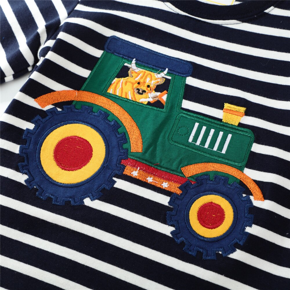 T-shirts à rayures pour garçons, automne, printemps, broderie en coton, t-shirts pour enfants, vêtements d'école pour bébés