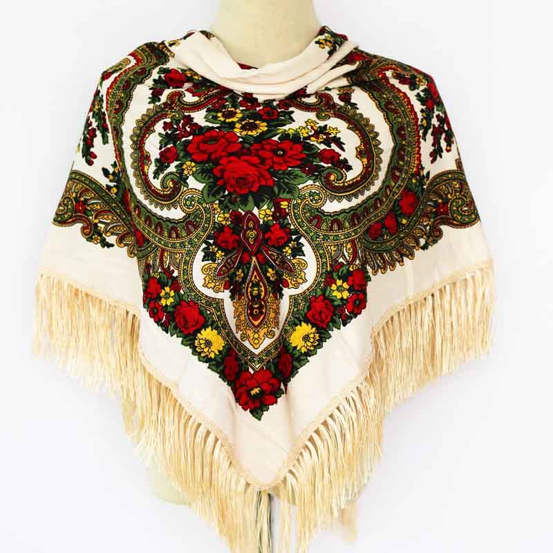Luksus mærke udskrivning oversize firkantede tæpper russiske kvinder bryllup tørklæde retro stil bomuldslommetørklæde efterår vinter sjal: Beige