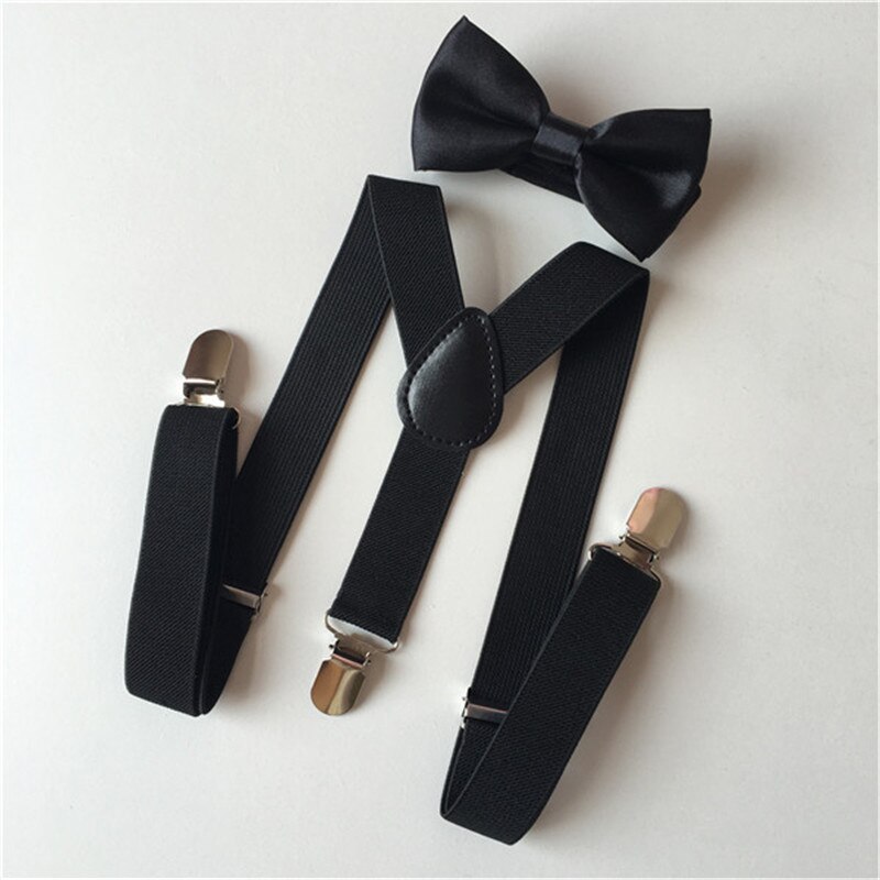 Soild farve børn bælte bowtie sæt baby drenge piger seler clip-on y-back seler butterfly elastisk børn justerbar: Sort