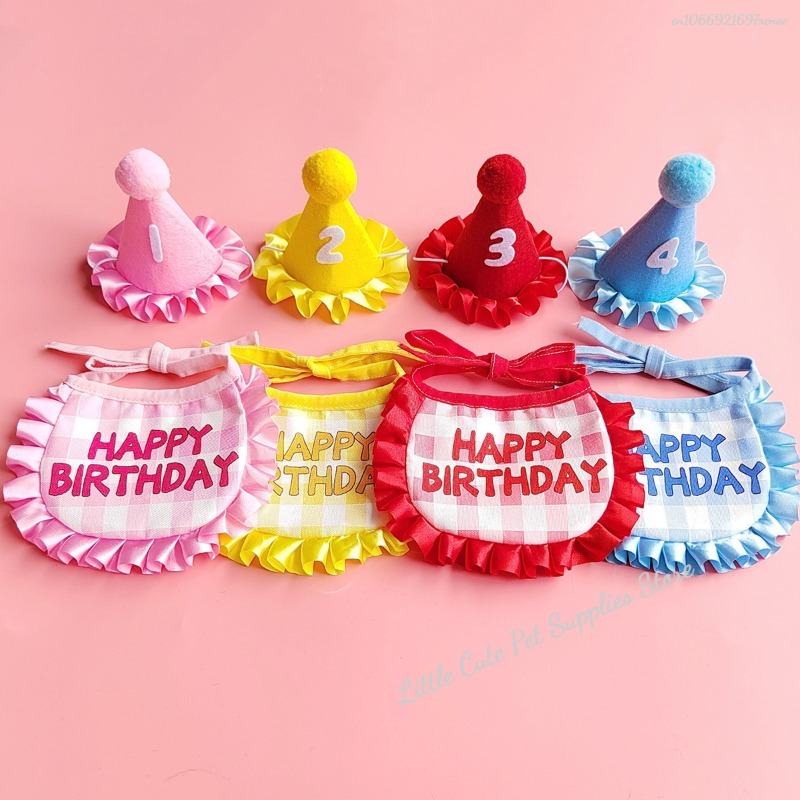 Gato aniversário cachecol chapéu conjunto cão festa de aniversário suprimentos cachecol para animais de estimação bonito filhote de cachorro chapéu de aniversário cachecol decoração para animais de estimação pequenos e médios