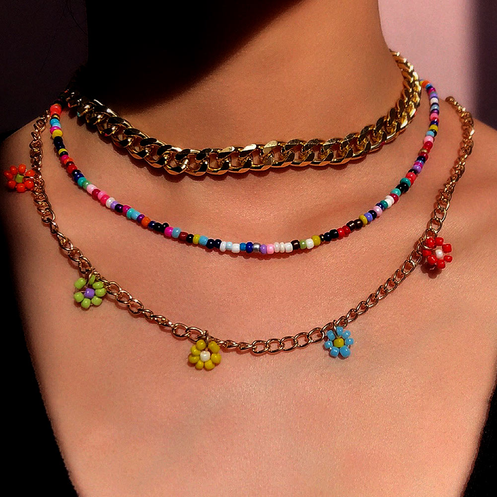 Collana di perline fiore margherita arcobaleno multistrato per donna cubana catena robusta girocollo Set gioielli bohémien regalo per feste Femme