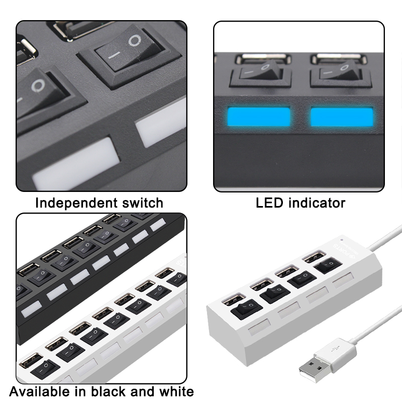 USB Hub 2.0 USB 2.0 Hub Multi USB Splitter Hub Port Hub Adapter 4/7 Port Multiple Expander 2.0 USB Hub with Switch for PC