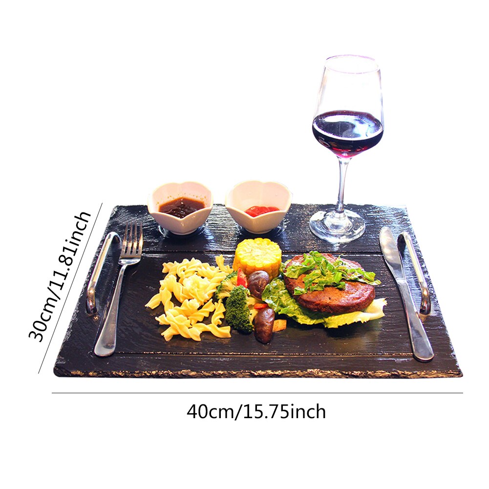 40X30Cm Steak Lade Met Cup Voet En Handvat Natuurlijke Leisteen Plaat Kaas Board Platter Lade Voor Hotel restaurant Steakhouse
