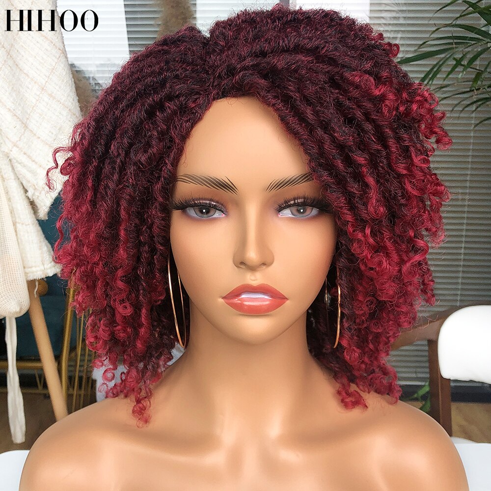Hihoo Dreadlock Curly Wig Soft Short Synthetic Natural Hair Wigs With Bangs For Black Women Ombre Crochet Twist Hair Wigs 14''