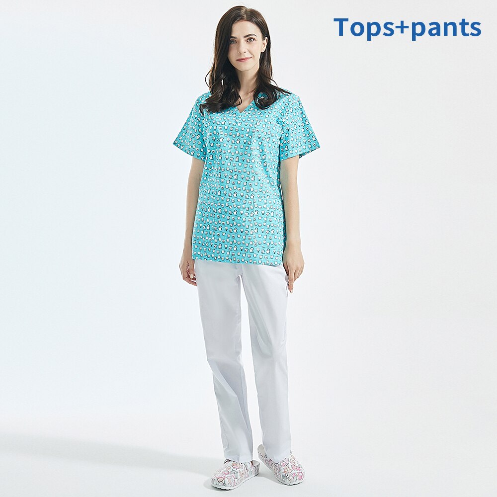 Col en v respirant scrubs vêtements de travail dessin animé impression scrubs hauts/chemises uniforme animal de compagnie toilettage travail vêtements ensemble hommes et femmes: tops pants / XXL