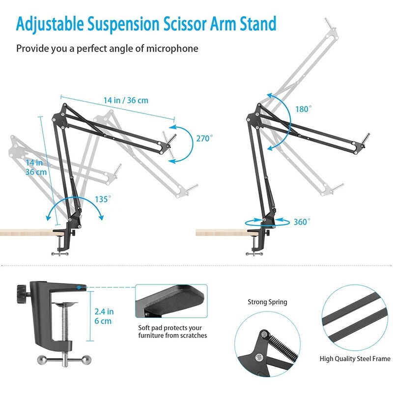 Microphone Boom,Adjustable Suspension Scissor Arm,With Mobile Phone Holder,For Blue Yeti,Snowball And Other Microphones