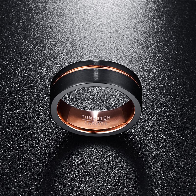 Fishion 8Mm Wide Zwart Dunne Rose Gouden Lijn Mannen Ring 100% Tungsten Carbide Ring Mannelijke Wedding Bands Sieraden