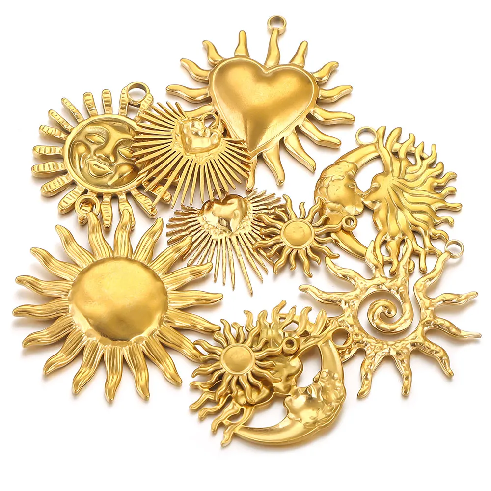 5 uds conectores de dijes de acero inoxidable corazón grande sol chapado en oro DIY collar pendientes joyería de materiales para hacer al por mayor