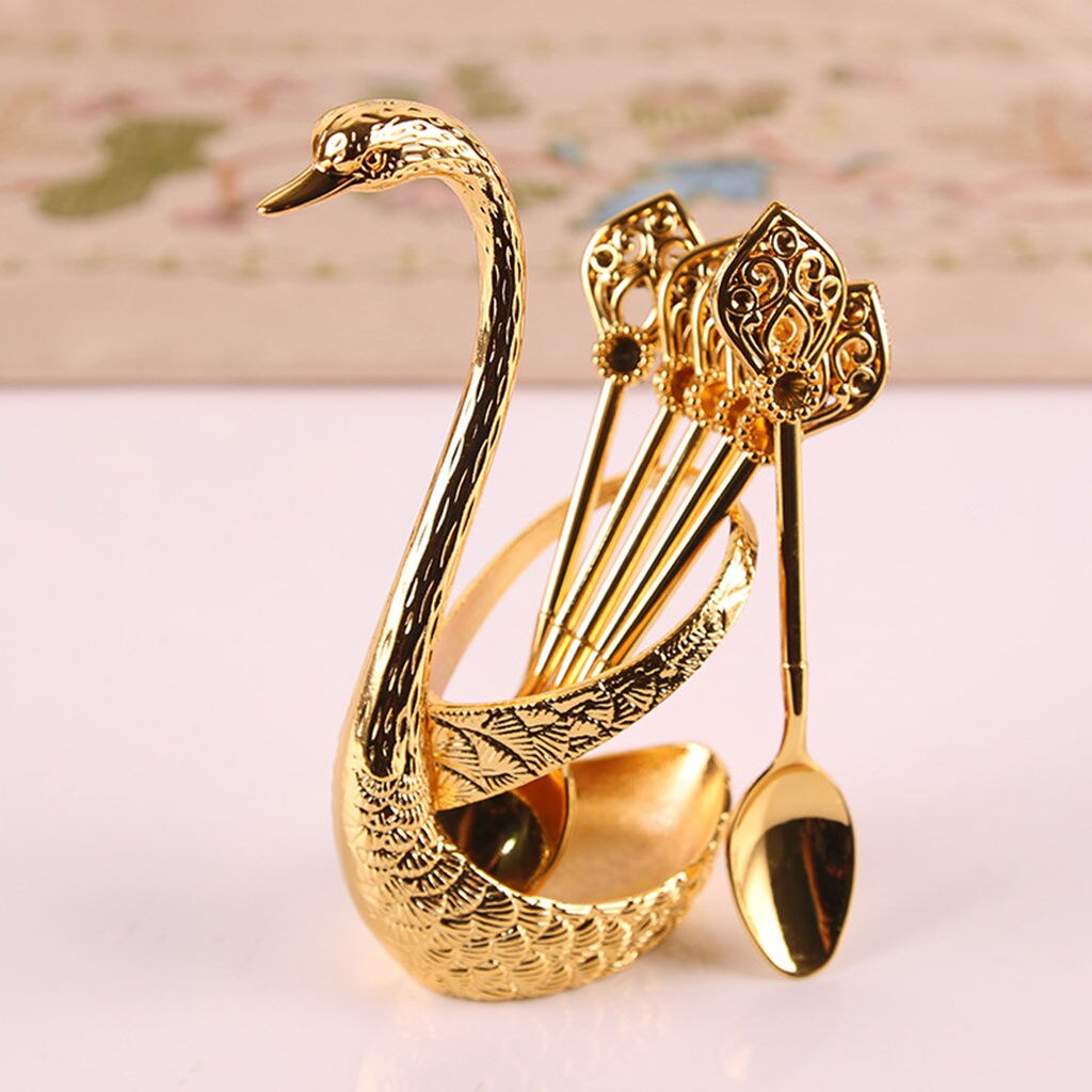 Stainless Steel Dinnerware Set Decorative Swan Base Holder with 6 Spoons for Coffee Fruit Dessert Stirring Mixing