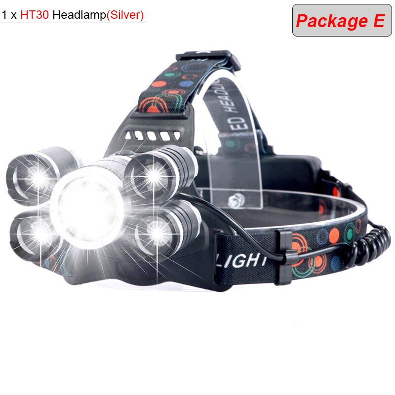 8000 Lumens 5 Led Headlamp XML T6 Head Lamp Powerful Led Headlight, with 18650 battery Flashlight Head Lights for Hiking: Package E