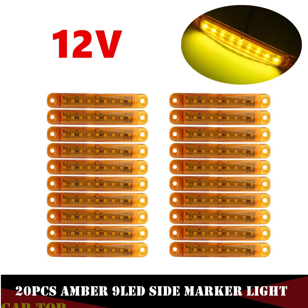 Luz LED ámbar de 12V para camión, marcador lateral para remolque, luces de liquidación, 9 LED selladas, 20 Uds.
