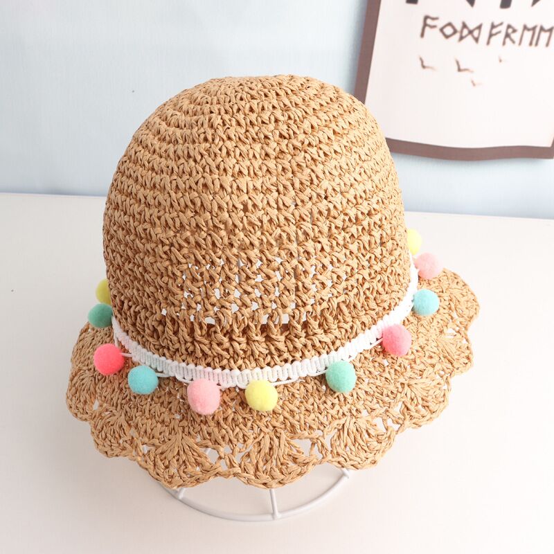 Summer Children Handmade straw hat Wide Brim Cute little Balls Sun Hat 2-6 old years Children's Travel Beach Hat: White