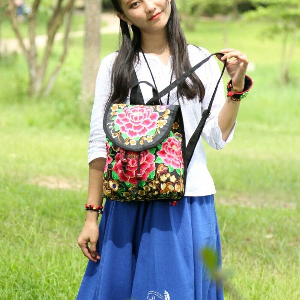 Vintage Floral Peony Embroidery Ethnic Canvas Backpack Women Handmade Travel Bags Schoolbag Backpacks Rucksack