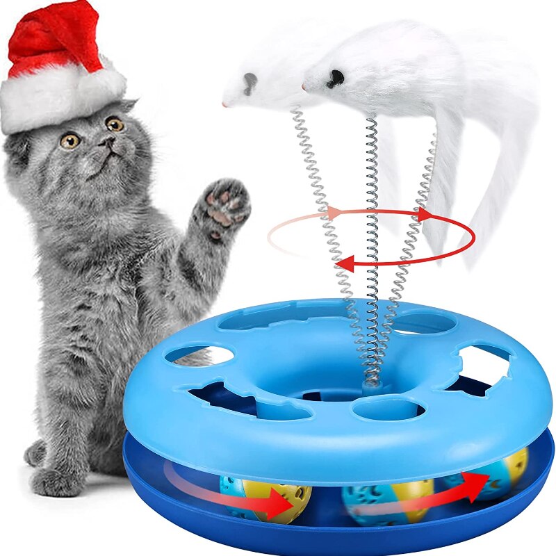 Funny cat toy for indoor cats, interactive kitten toy roller tracks with catnip, spring pet toy with exercise balls, teaser mouse