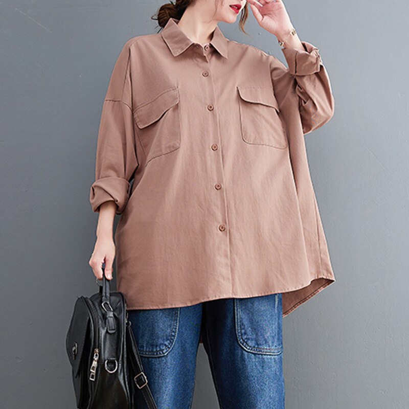 Camisa holgada de algodón de estilo chino para mujer, camisa de manga larga con botonadura única, blusas Vintage para mujer, Tops caqui, amarillo y marrón #9165