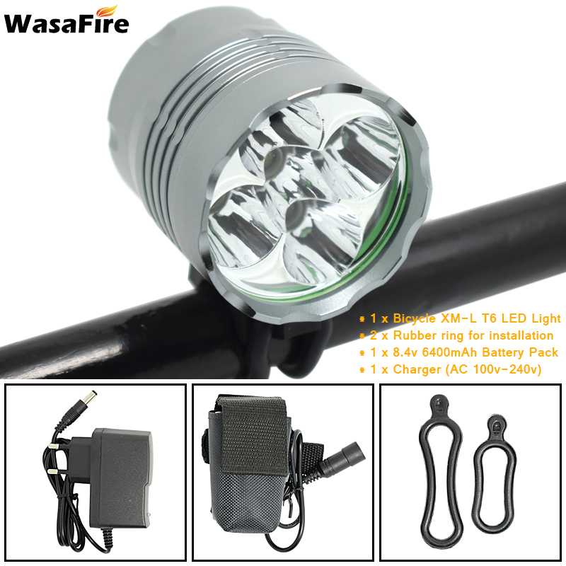 5*t6 led cykellygte lanterne 7000lm cykel forlygter mtb forlygte cykellygte  + 8.4v oplader  + 18650 batteripakke: Med 6400 mah batteri