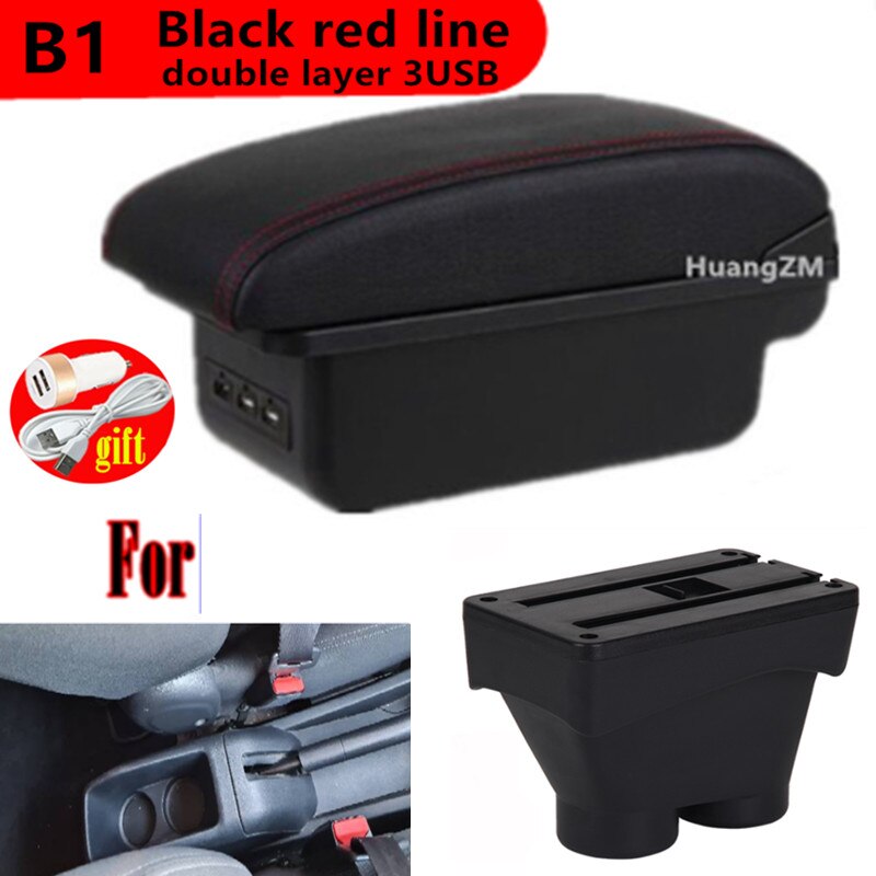 Universel Bil Armlæn Boks - ABS & Læder - 43x15x15cm - til Peugeot 208: B sort rød linje