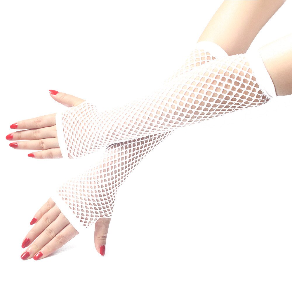 Stylish Long Black Fishnet Gloves Womens Fingerless Gloves Girls Dance Gothic Punk Rock Costume Fancy Gloves Alt Gothic Mittens: white